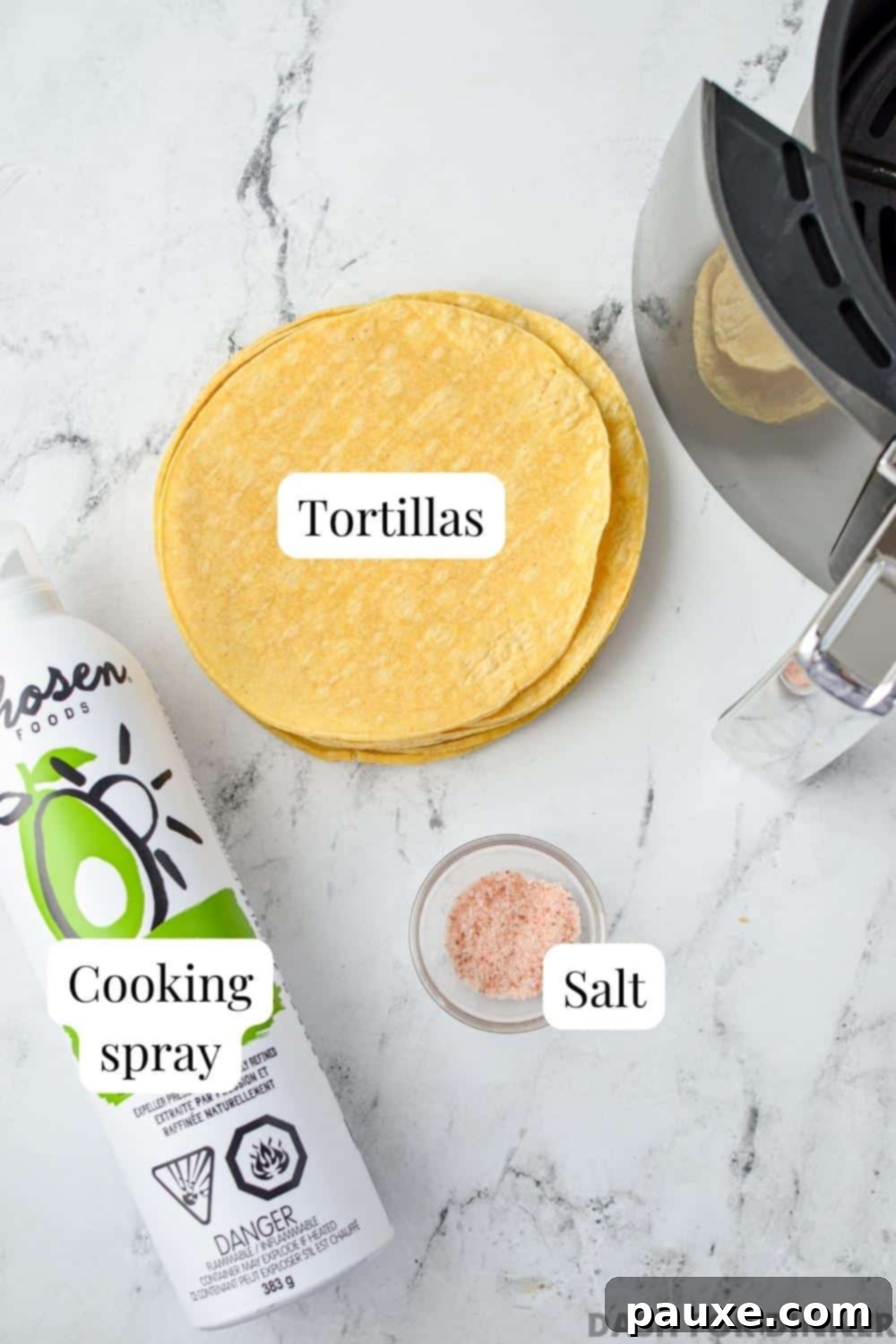 The ingredients needed to make air fryer tortilla chips: corn tortillas, oil spray, and salt.