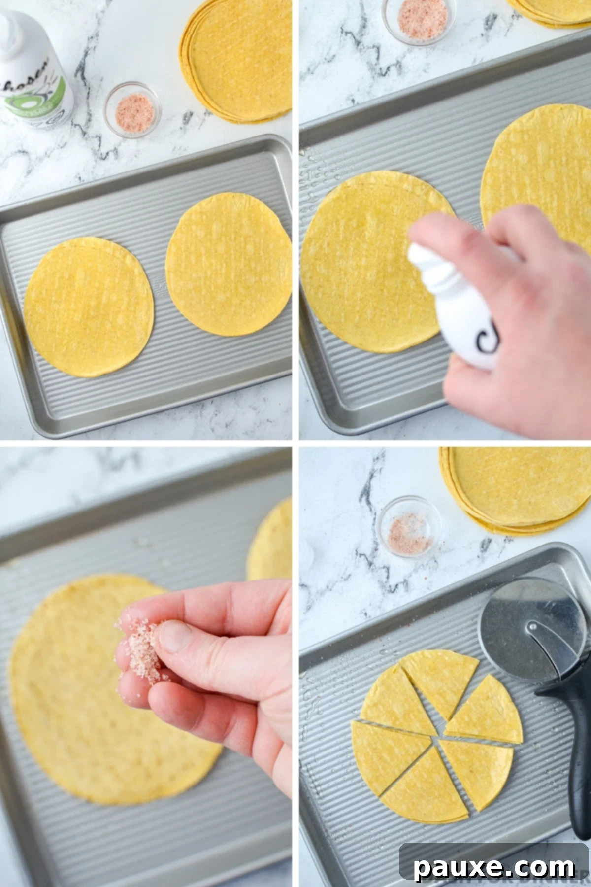 Spraying corn tortillas with cooking spray, sprinkling with salt, and cutting into triangles.