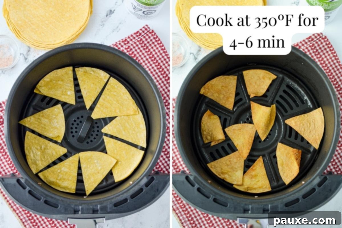 Corn tortilla triangles in an air fryer basket, both uncooked and then cooked.