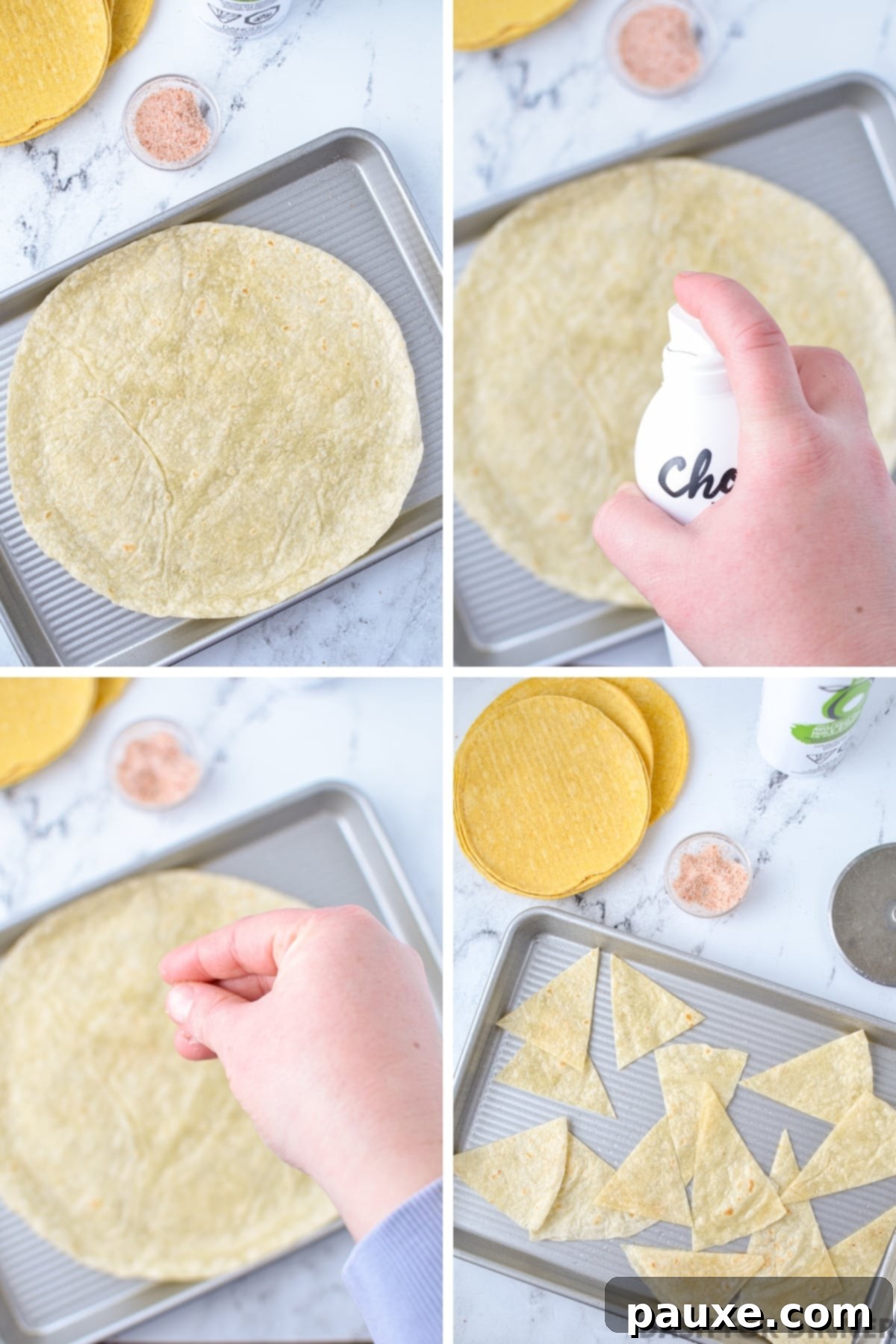 Spraying a tortilla with cooking spray, and then sprinkling with salt and cutting into triangles.