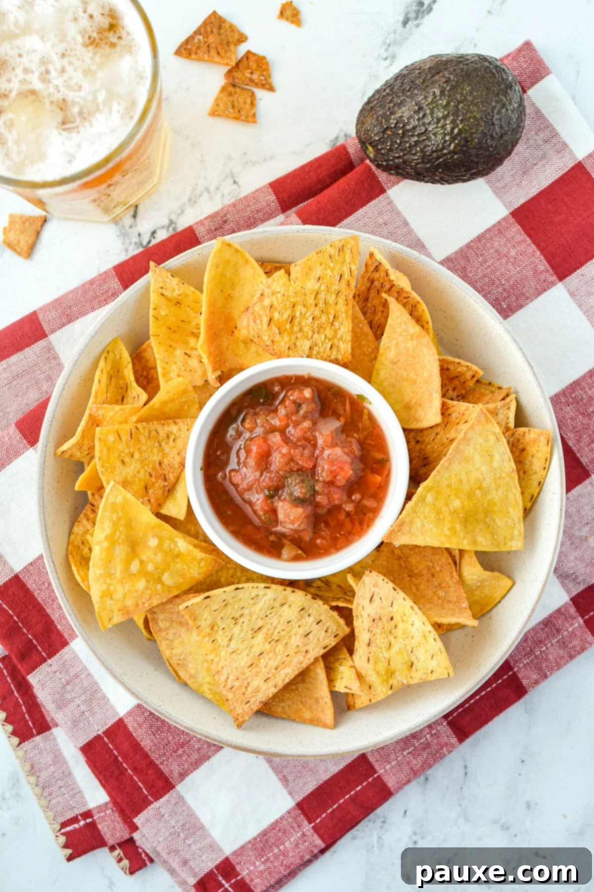 An overhead view of a plate of tortilla chips with a small bowl of salsa in the middle.