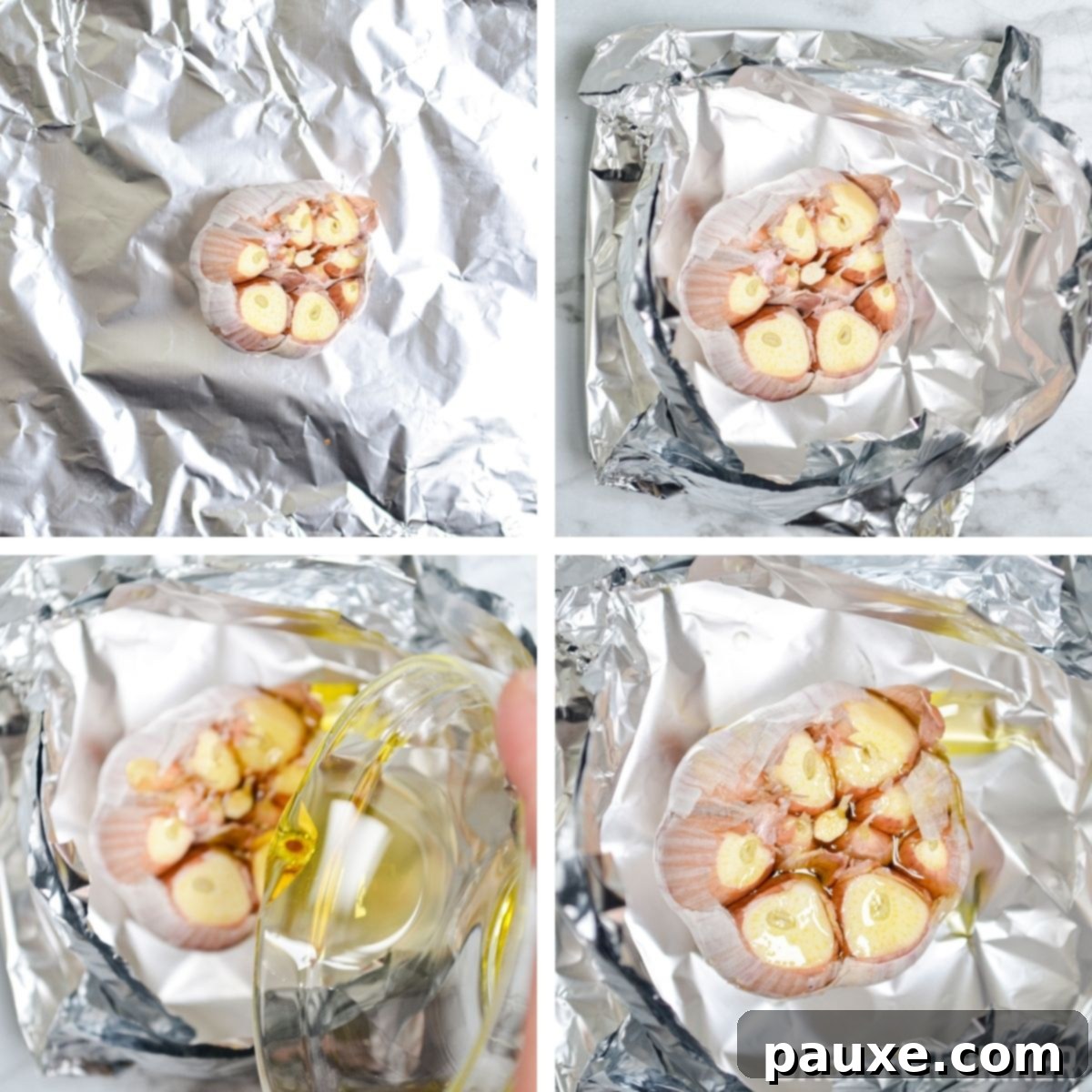 Perfect Air Fryer Roasted Garlic 4 The process of preparing a garlic bulb for roasting, showing the top being sliced off with a knife, before being placed into foil.