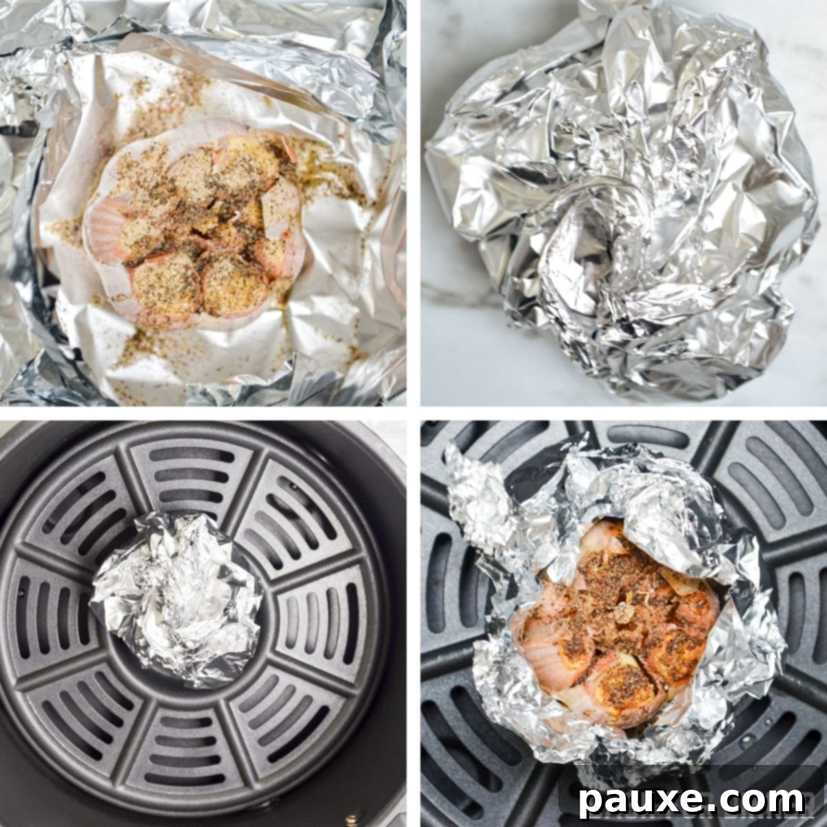 Perfect Air Fryer Roasted Garlic 5 A close-up shot of a garlic bulb in a foil packet, drizzled with olive oil and seasoned with salt and pepper, ready for roasting.