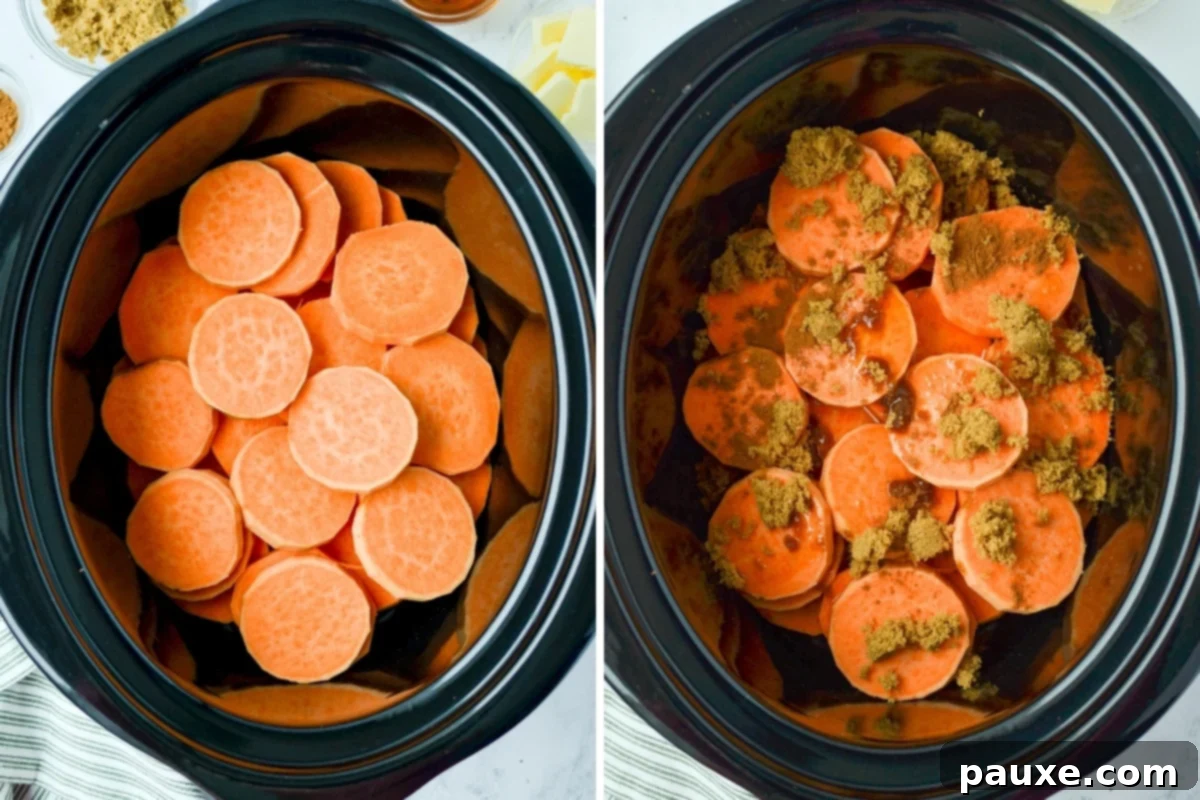 Slow Cooker Candied Sweet Potatoes 4 Sliced sweet potatoes carefully arranged in a slow cooker, with a generous layer of brown sugar sprinkled over them, ready for the next steps of the glazing process.