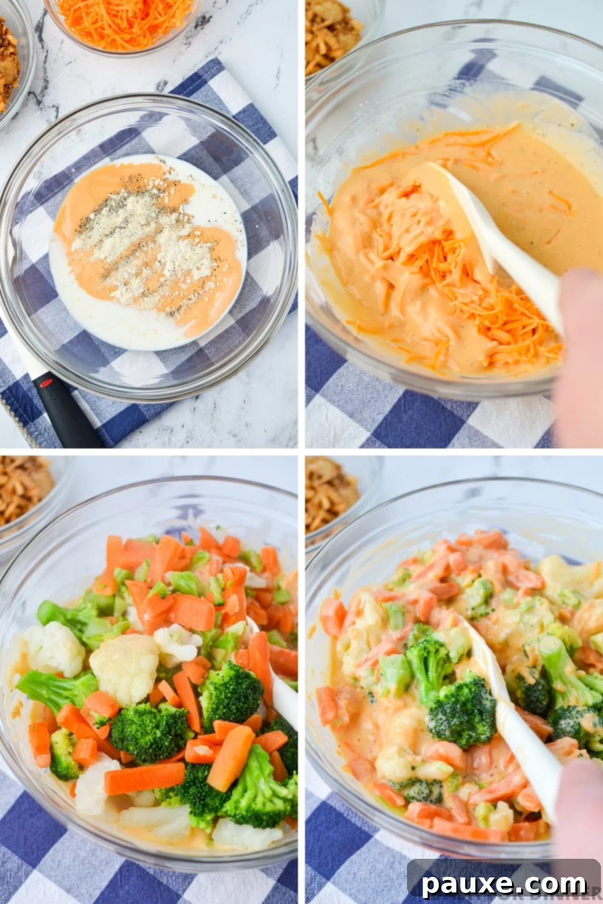 Golden Garden Gratin 4 A close-up image showing colorful cooked mixed vegetables being carefully folded into a large bowl of rich, creamy cheese sauce, ensuring every piece is coated.