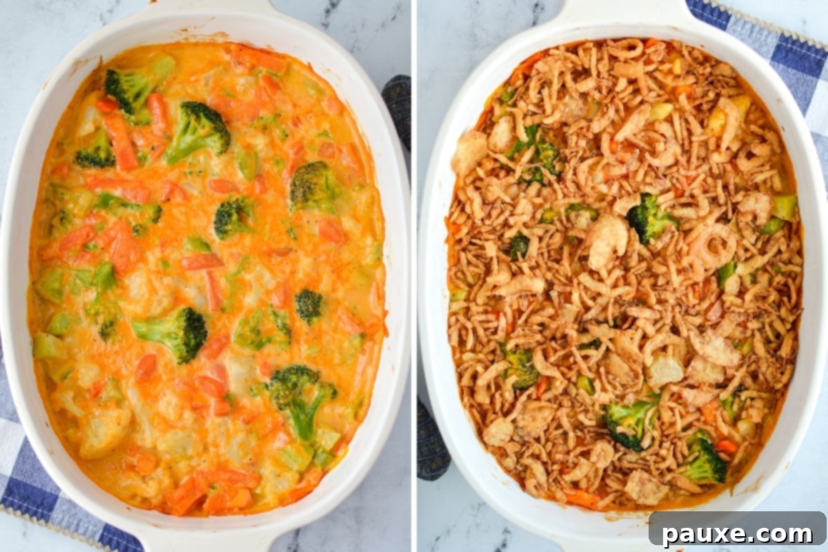 Golden Garden Gratin 6 A close-up view of a baked vegetable casserole, now being generously topped with a layer of crispy golden-brown fried onions.