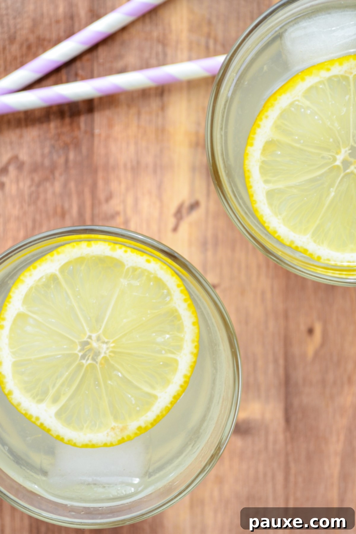 Instant Pot Zesty Lemonade 2 Two glasses of lemonade, garnished with lemon slices.