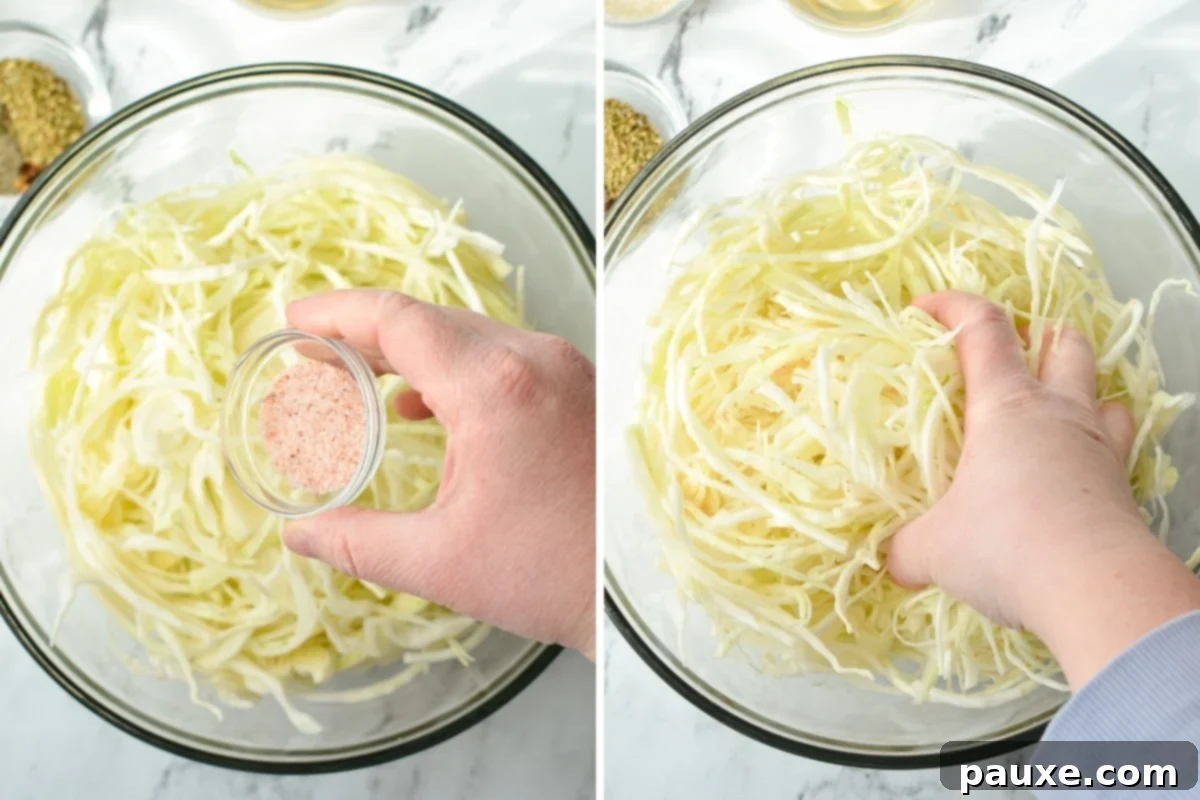 Swedish Pizza Slaw 4 A close-up shot of hands adding salt to a large bowl filled with finely shredded green cabbage.