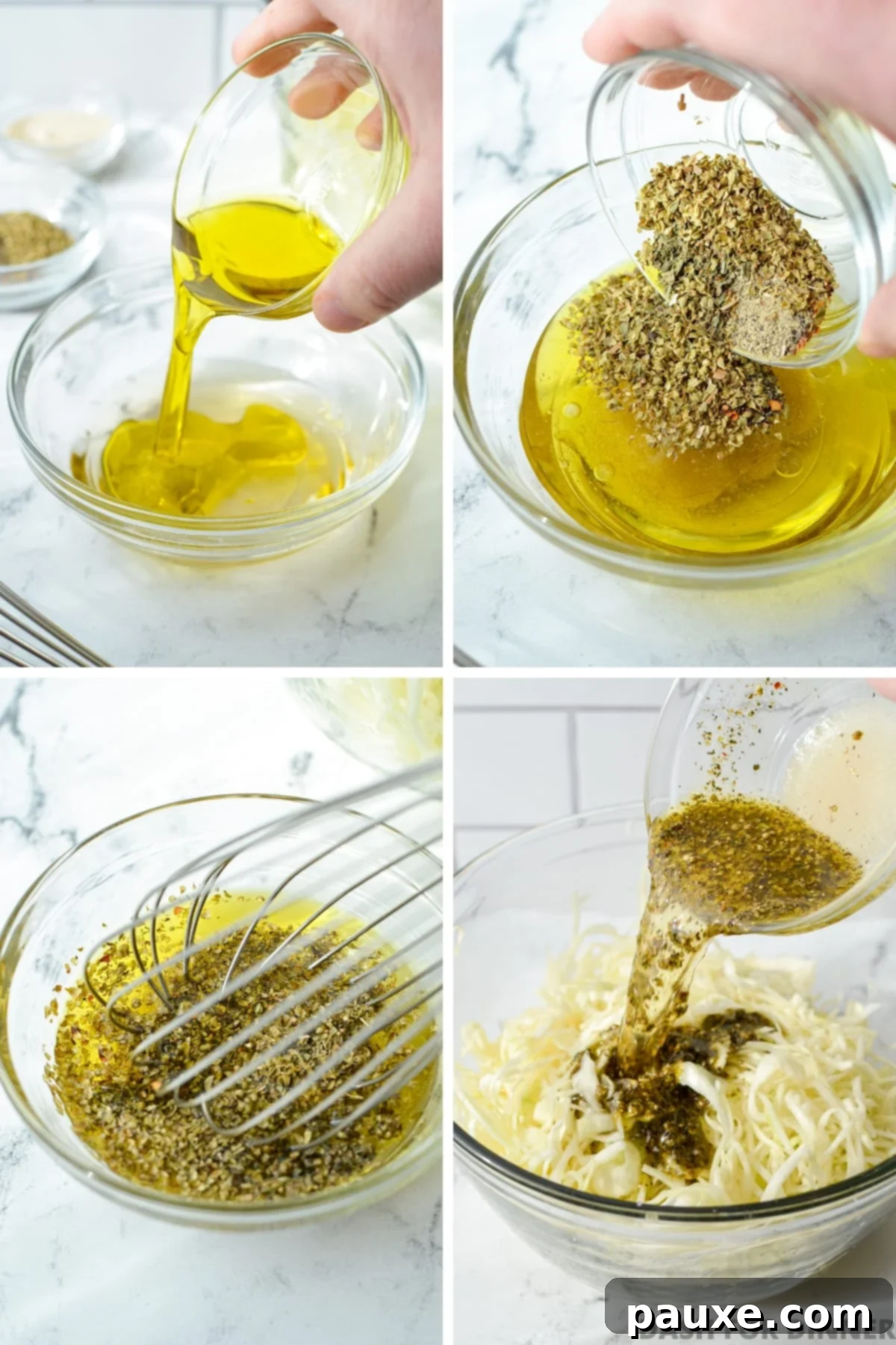 Swedish Pizza Slaw 5 Ingredients for a coleslaw dressing, including oil, vinegar, and various spices, being combined in a small glass bowl.