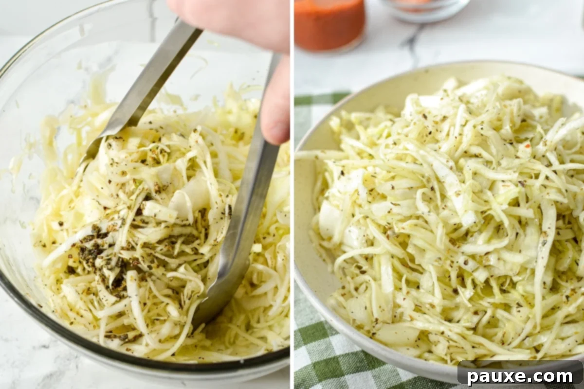 Swedish Pizza Slaw 6 A pair of tongs tossing finely shredded cabbage with a clear vinaigrette dressing in a large bowl, ensuring even coating.