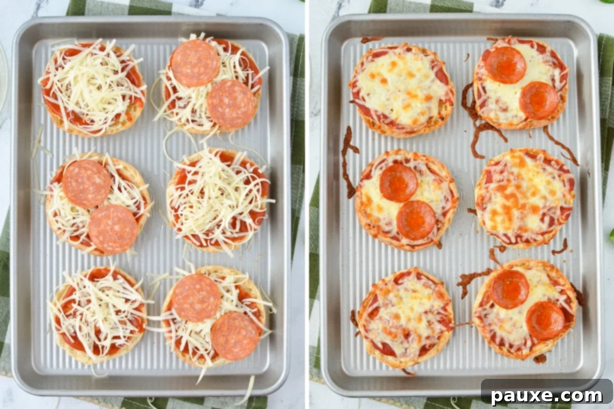 Adding pepperoni to English muffins, and then baking it.