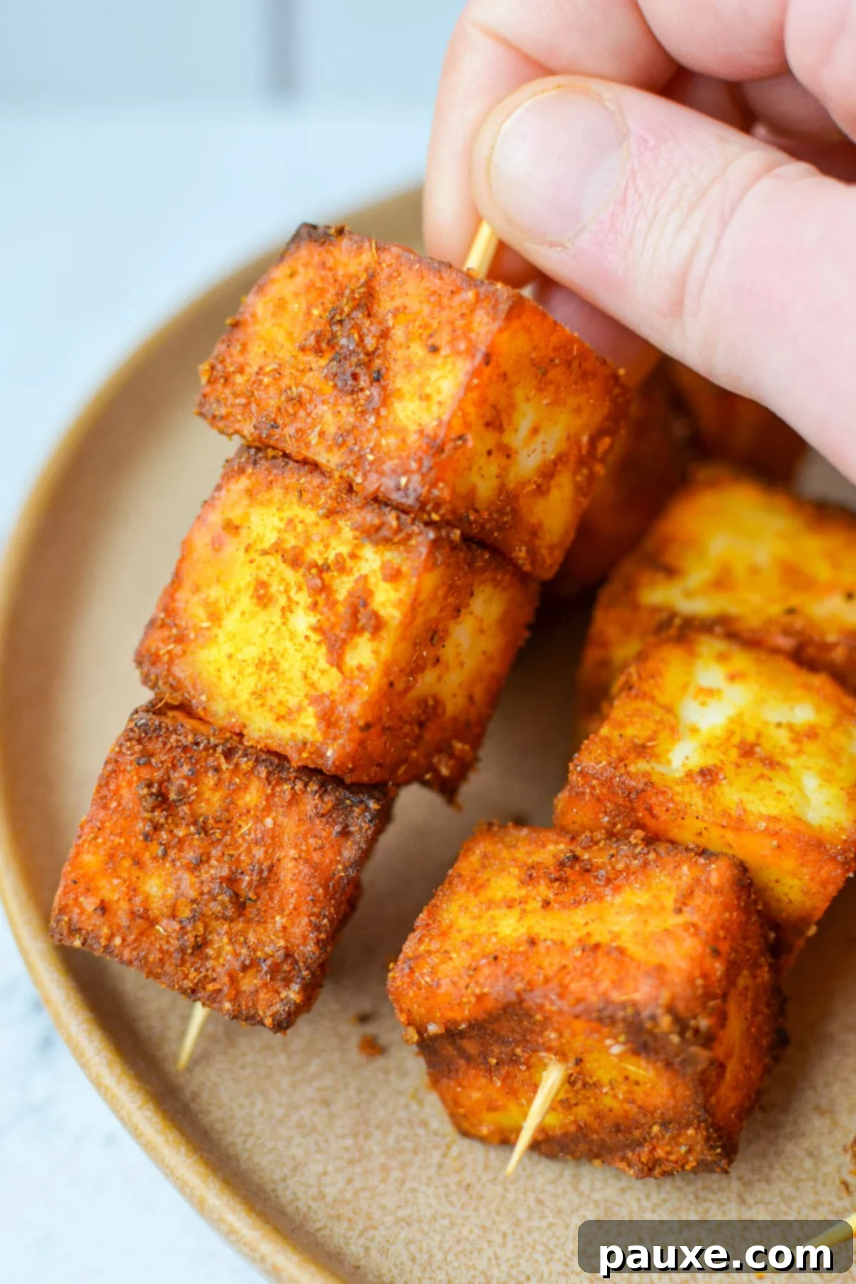A hand holding a skewer filled with seasoned paneer cubes, showcasing the golden-brown crispiness.