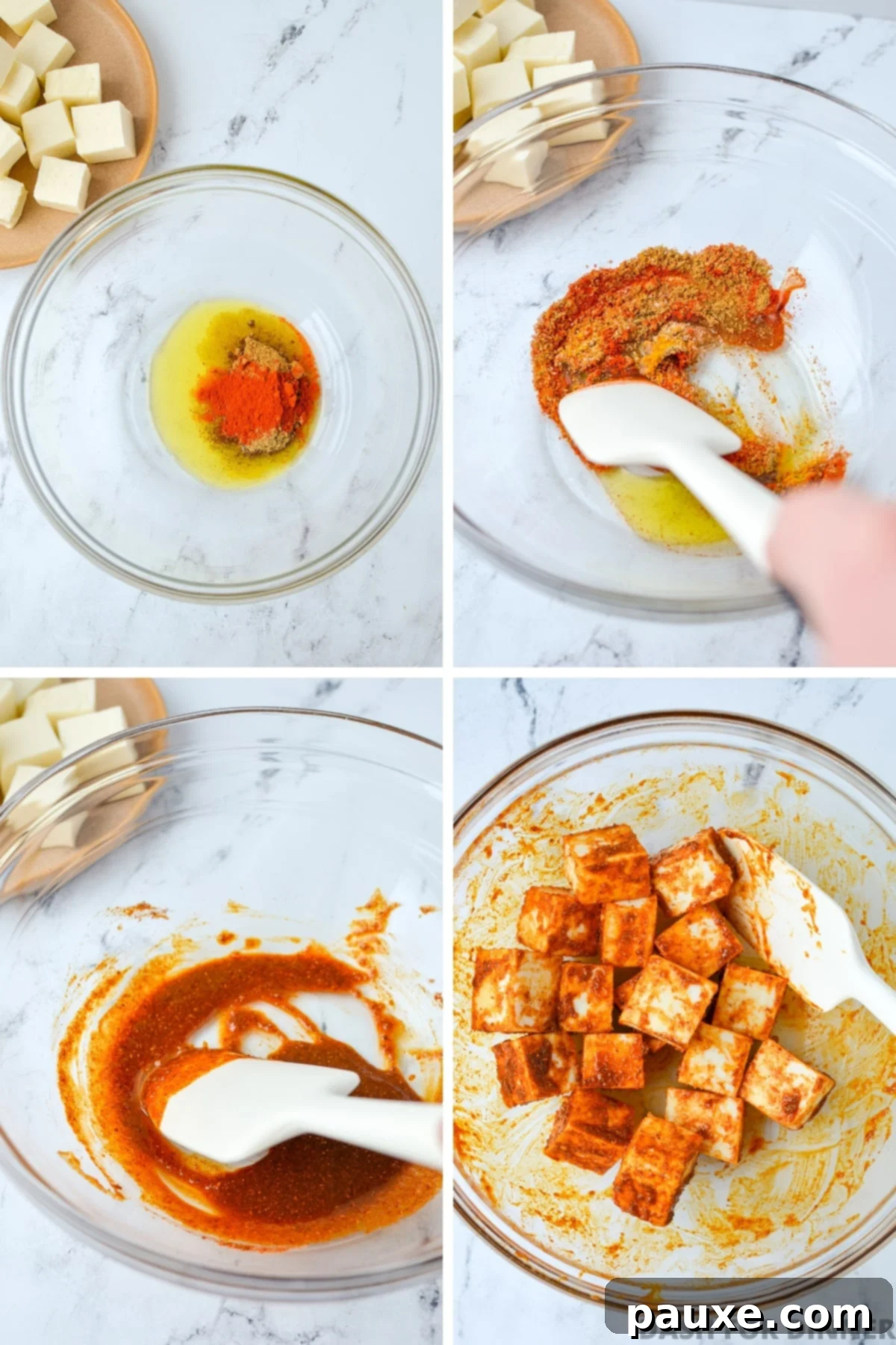 Mixing together oil and Indian seasonings in a glass bowl to form a paste.