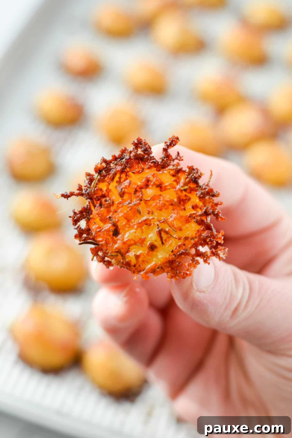 Crispy Garlic Parmesan Potatoes 2 A halved baby potato encrusted with parmesan cheese.