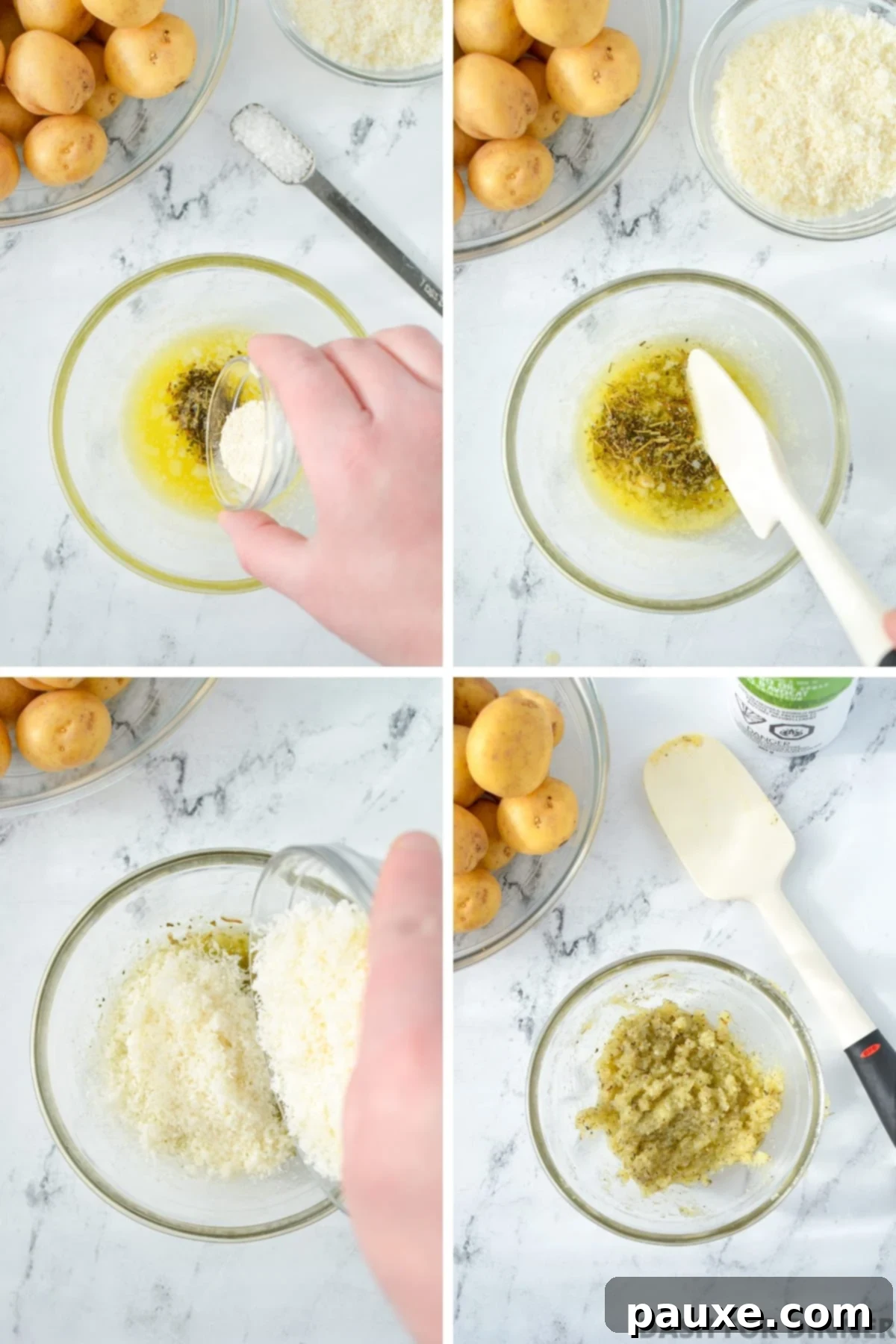 Crispy Garlic Parmesan Potatoes 4 Adding seasonings and parmesan cheese to a bowl of melted butter.