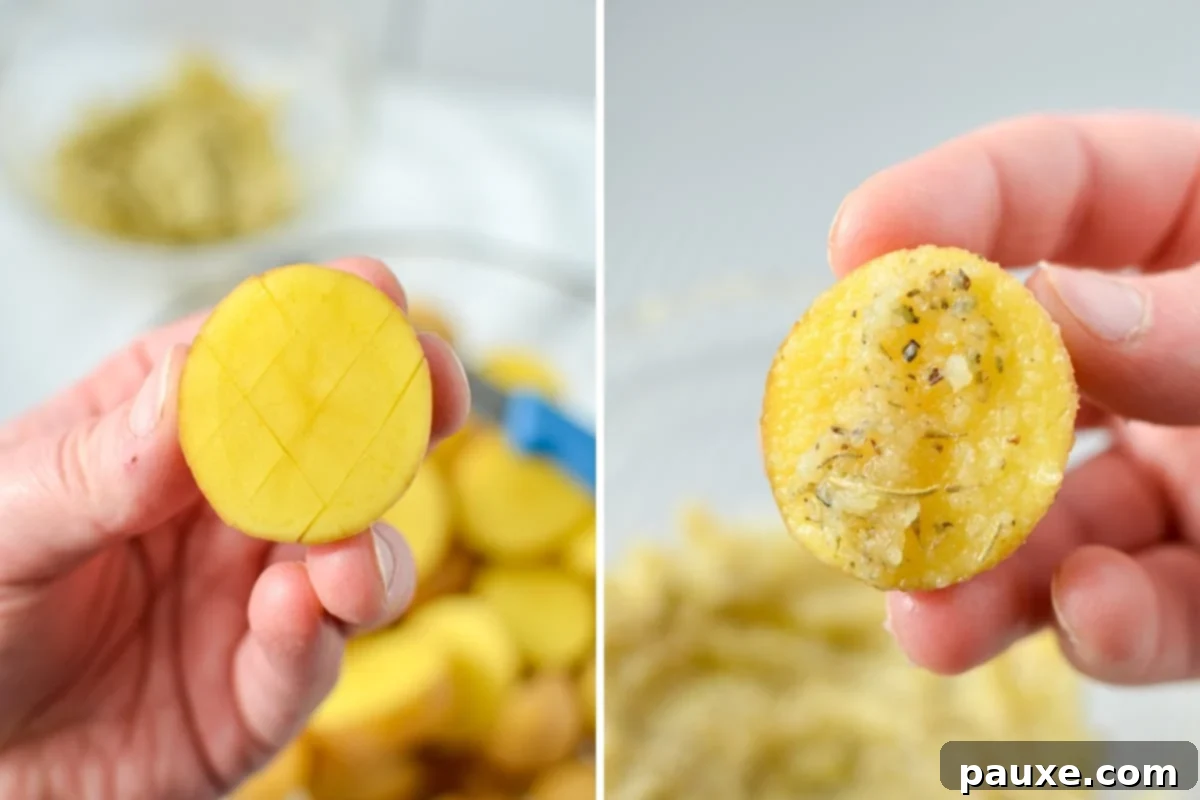 Crispy Garlic Parmesan Potatoes 5 A baby potato with a crosshatch pattern covered in a parmesan and butter paste.