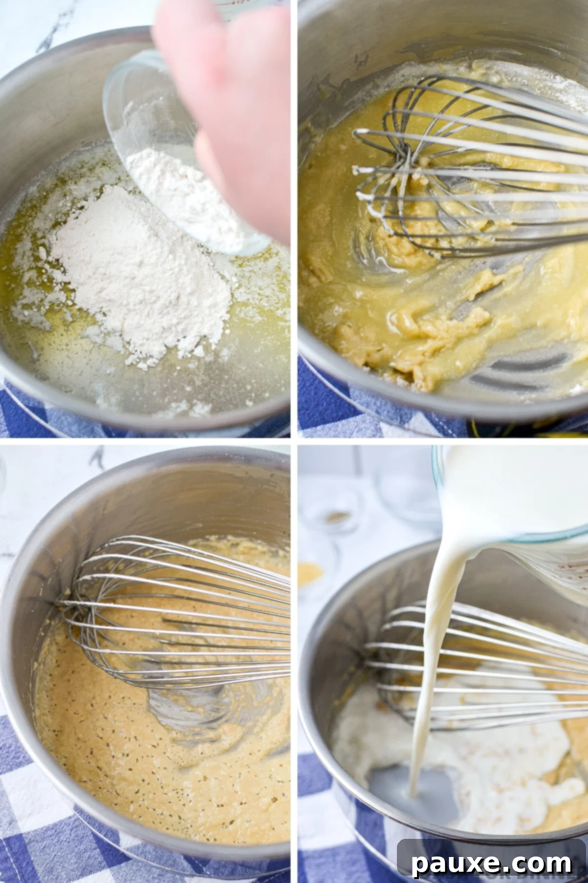 Mom's Legendary Cheese Sauce 5 Stages of making a roux and adding milk: melted butter, flour added to make a paste, and then milk being whisked in.