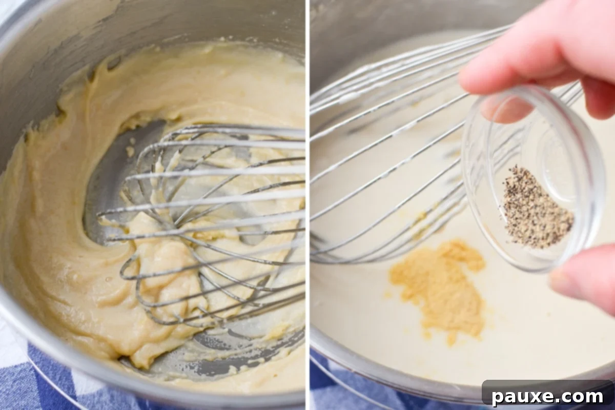 Mom's Legendary Cheese Sauce 6 Adding milk to a roux, then seasoning the smooth white sauce with pepper and dry mustard.