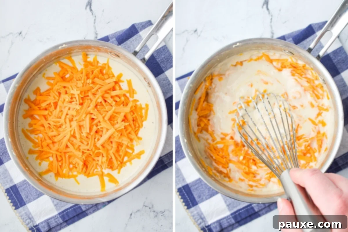 Mom's Legendary Cheese Sauce 7 Whisking shredded cheddar cheese into a hot white sauce until completely melted and smooth.