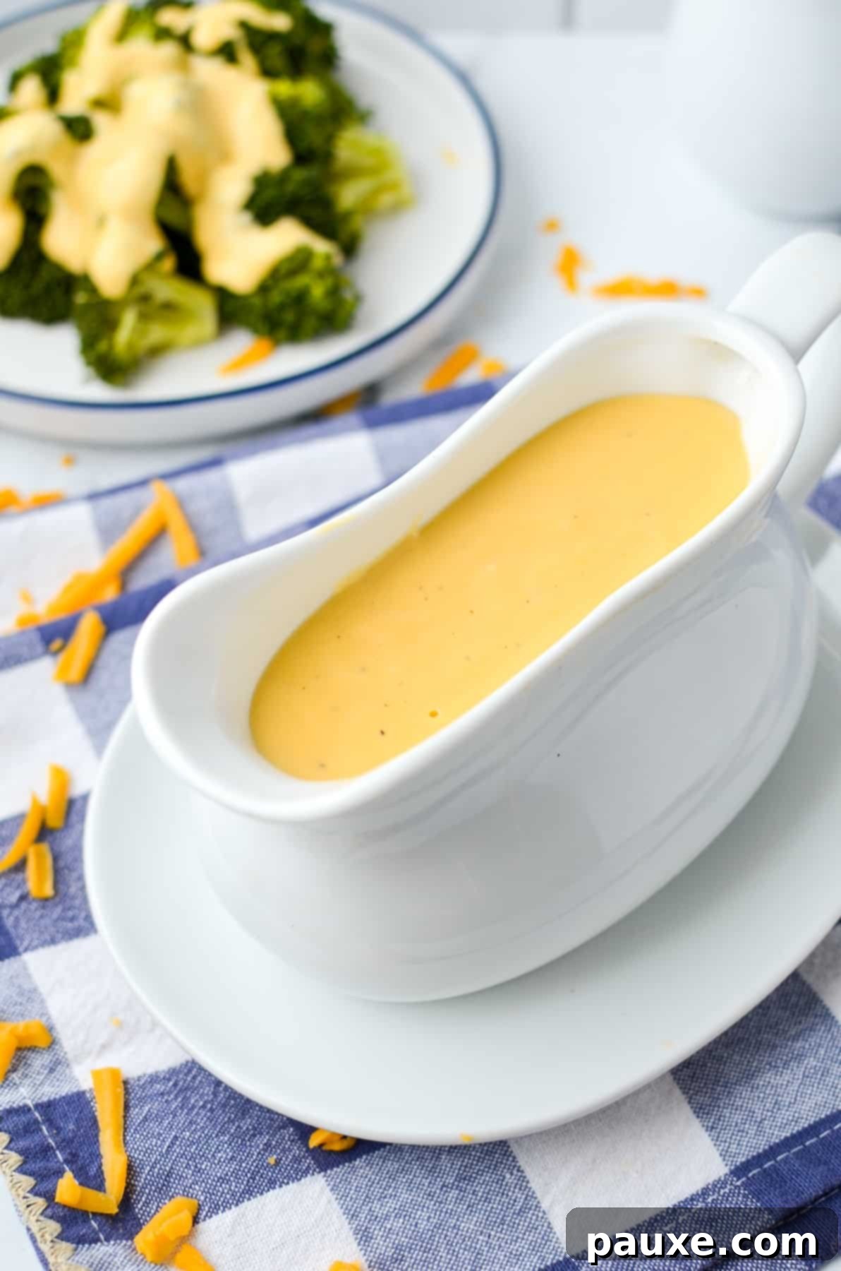 Mom's Legendary Cheese Sauce 10 A elegant gravy boat generously filled with golden, smooth homemade cheese sauce, ready for serving.