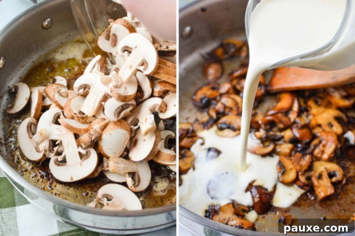 Creamy Mushroom and Spinach Chicken Delight 5 Browning sliced mushrooms in a hot skillet with butter, absorbing delicious pan drippings.