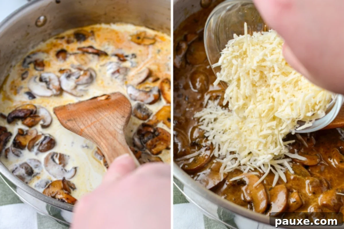 Creamy Mushroom and Spinach Chicken Delight 6 Adding heavy cream to the skillet and scraping the bottom to incorporate browned bits, then stirring in Parmesan cheese.