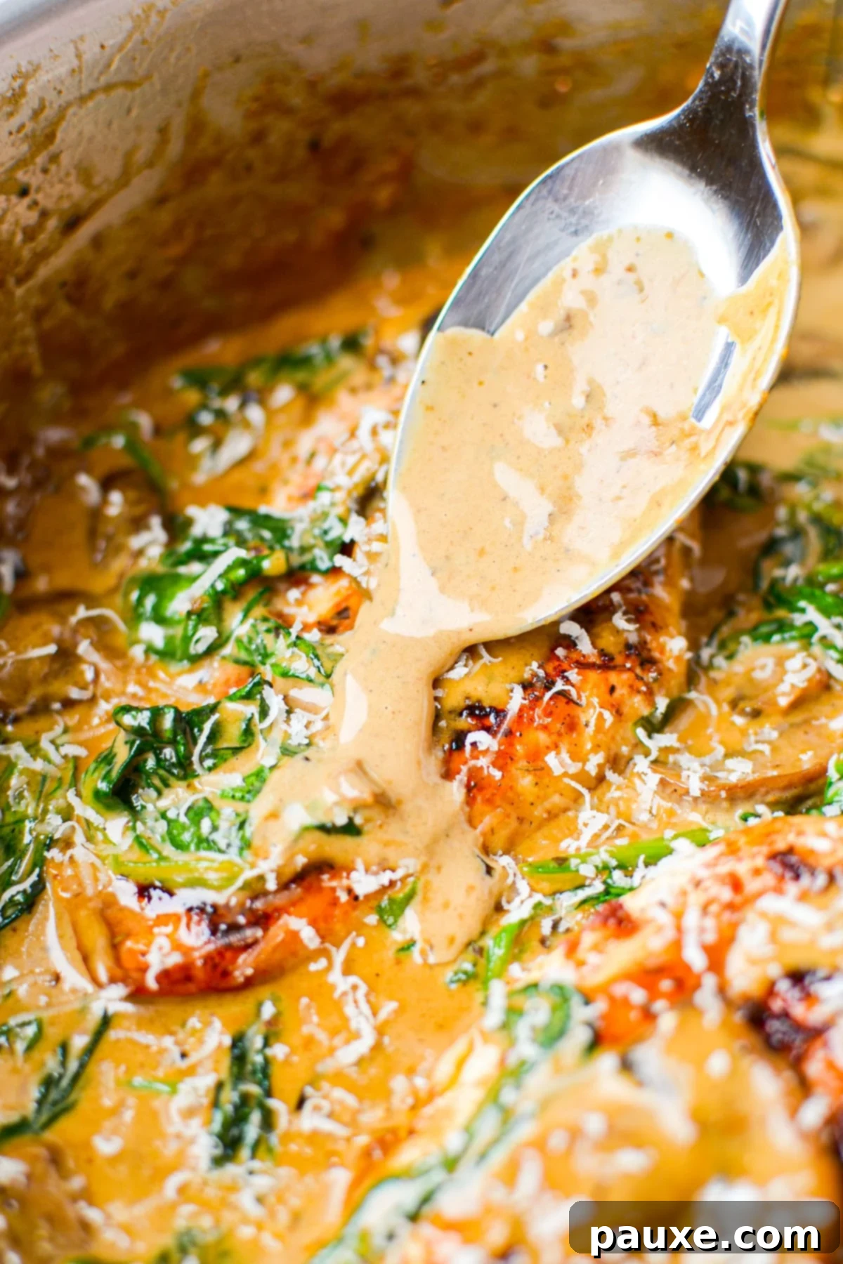 Creamy Mushroom and Spinach Chicken Delight 8 A perfectly cooked chicken breast being generously spooned with creamy spinach and mushroom sauce directly from the skillet.