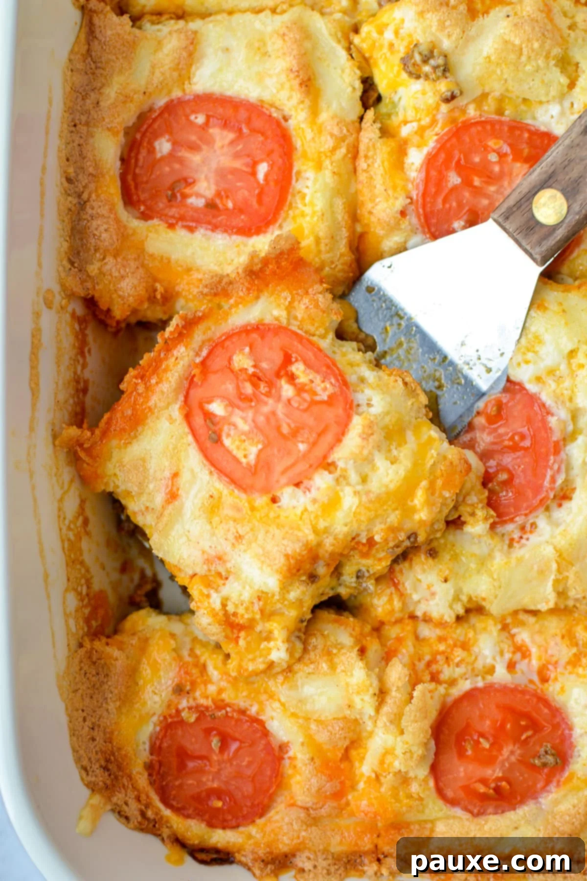 The Duke's Hearty Casserole 11 A server expertly removes a neatly cut, generous portion of John Wayne Casserole from a large baking dish, perfectly ready to be served.