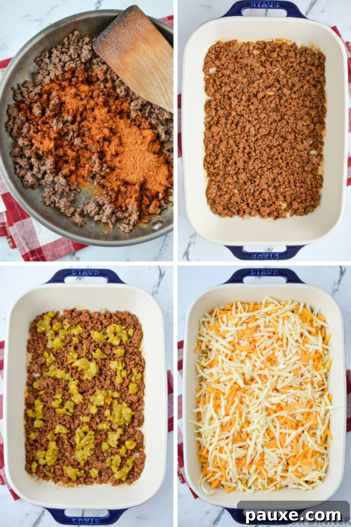 The Duke's Hearty Casserole 5 The culinary process of seasoning ground beef with taco seasoning, followed by layering mild green chilies and a blend of shredded cheese over it in a deep baking dish.