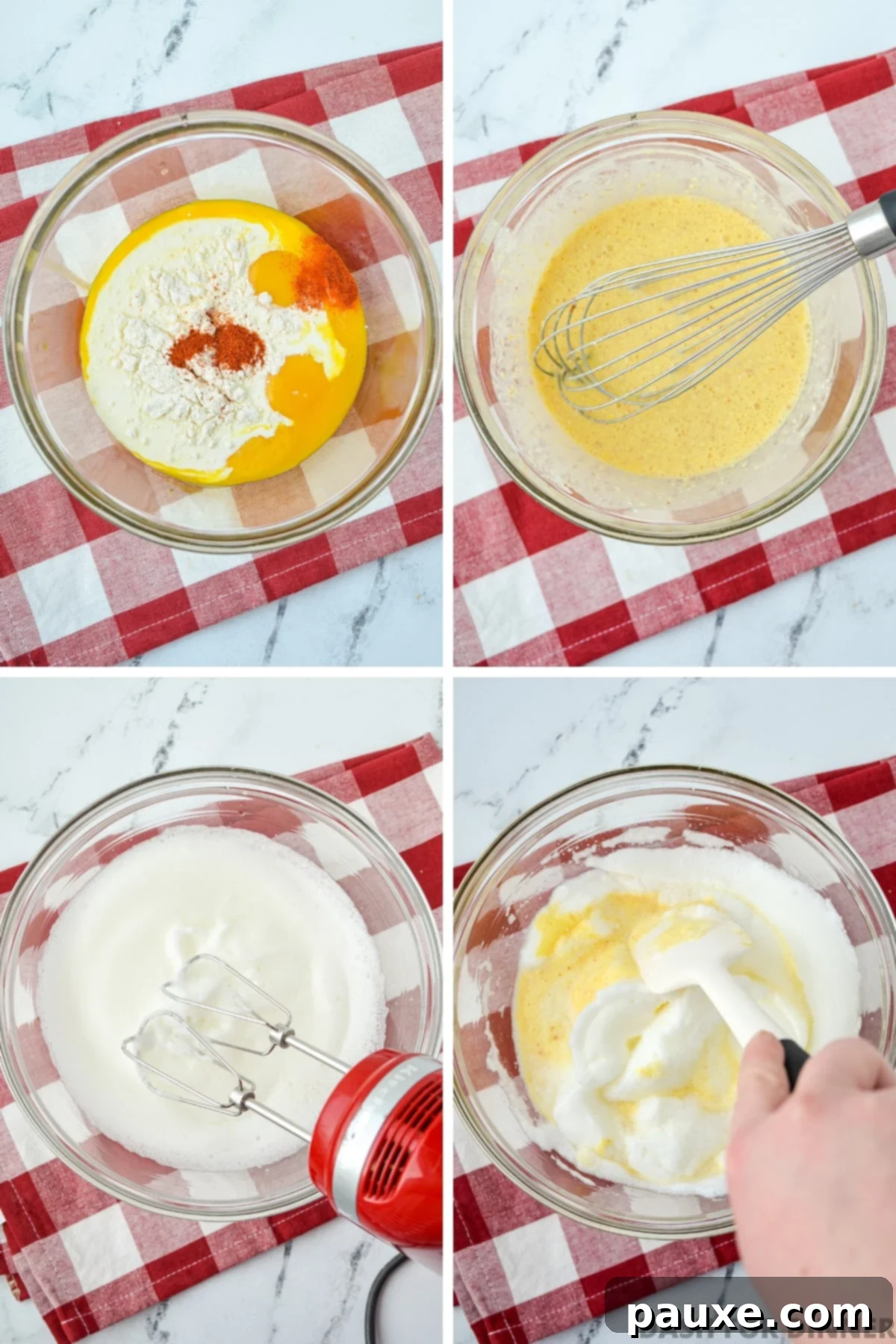 The Duke's Hearty Casserole 6 Step-by-step culinary process: Whisking egg yolks with cream and spices in a bowl, then gently folding in fluffy whipped egg whites to create a light and airy casserole topping.