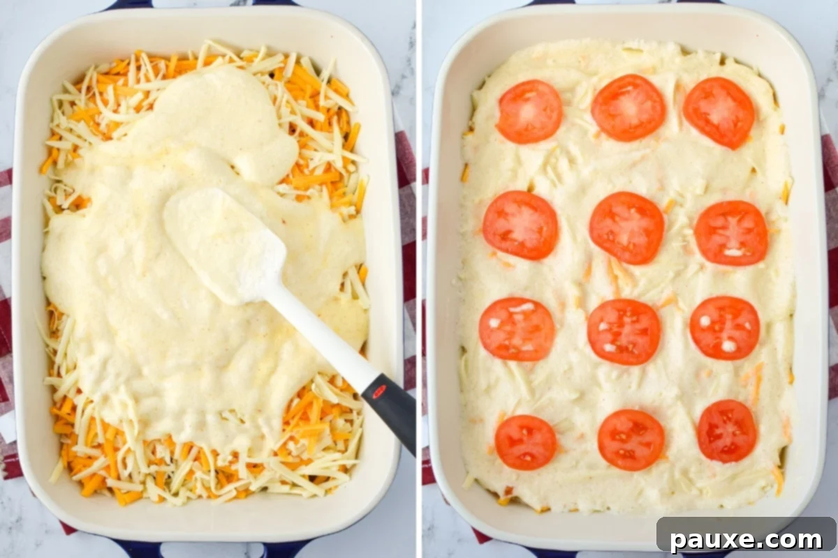 The Duke's Hearty Casserole 7 Arranging thin, vibrant slices of fresh Roma tomato artistically on top of the unbaked egg and cheese casserole layer, adding a pop of color before baking.