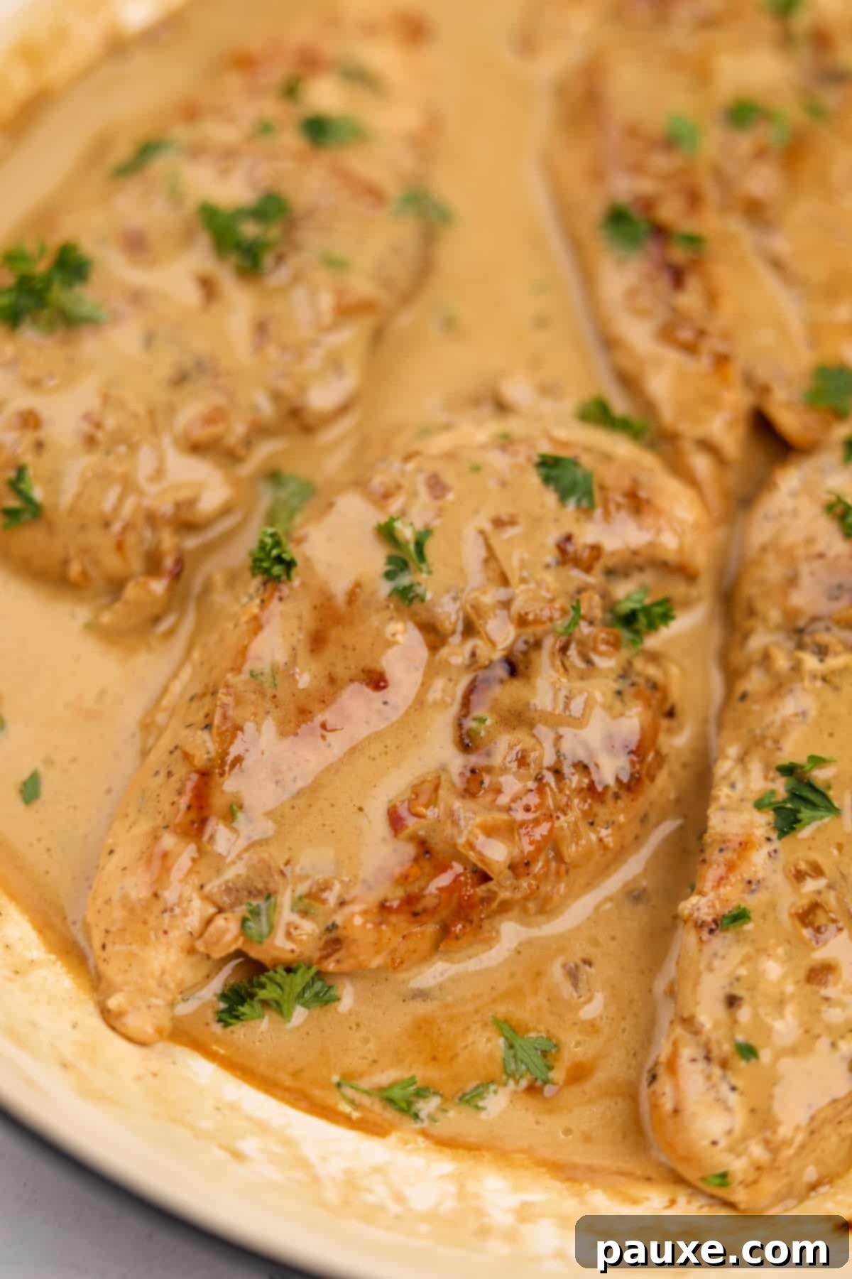 Chicken breasts in a creamy Diane sauce, beautifully garnished with fresh parsley and ready to be served.