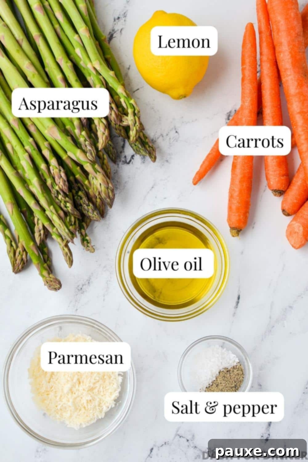 Garlic Herb Roasted Asparagus and Carrots 3 The fresh ingredients needed to make roasted asparagus and carrots: carrots, olive oil, seasoning, lemon, Parmesan cheese, and asparagus.