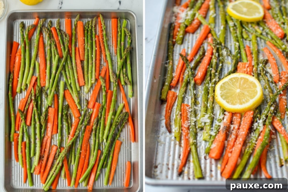 Garlic Herb Roasted Asparagus and Carrots 5 Garnishing a sheet pan of roasted asparagus and carrots with lemon slices and grated parmesan cheese.
