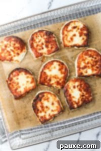 Golden Air Fryer Halloumi 13 Slices of halloumi cheese that have been air fried.