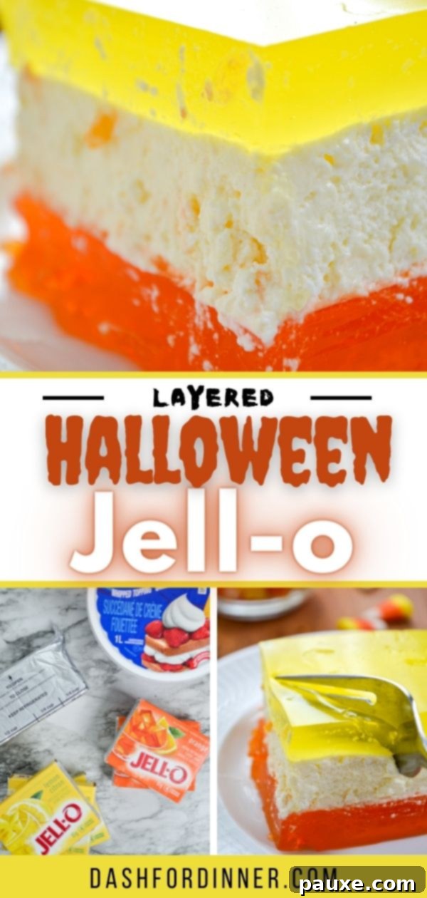 Spooky Layered Gelatin 16 A close-up of the three distinct layers of Jell-O with a creamy Cool Whip and cream cheese center layer, ready to be served.