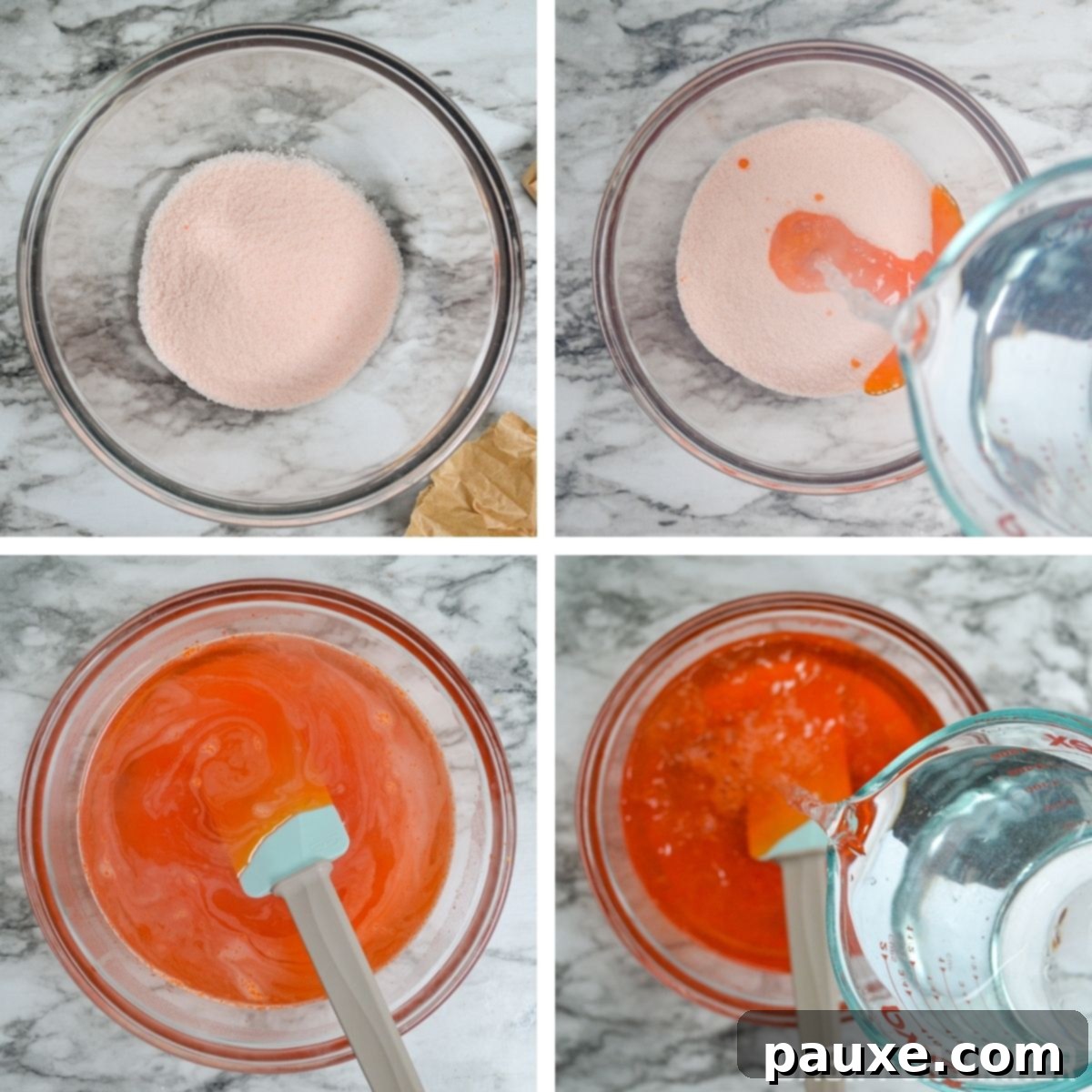Spooky Layered Gelatin 5 A person stirring orange Jell-O in a bowl with boiling water to dissolve it.