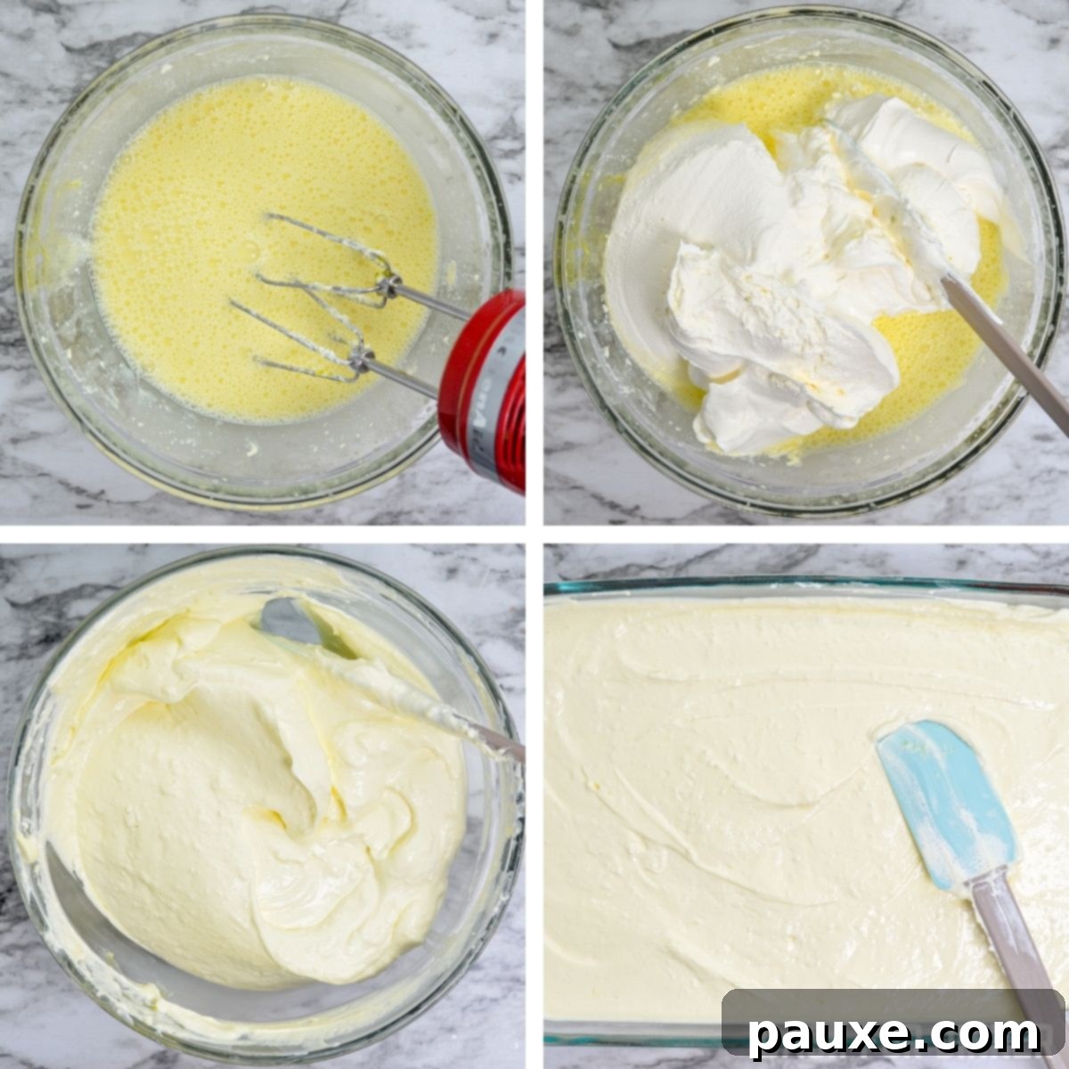 Spooky Layered Gelatin 8 A close-up of the smooth, creamy mixture for the cheesecake-like Jell-O layer in a bowl.
