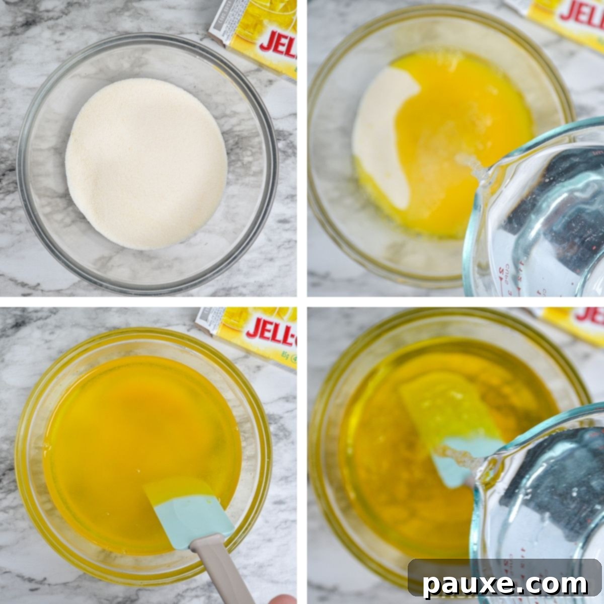 Spooky Layered Gelatin 10 A person stirring yellow Jell-O in a bowl, preparing the final layer.