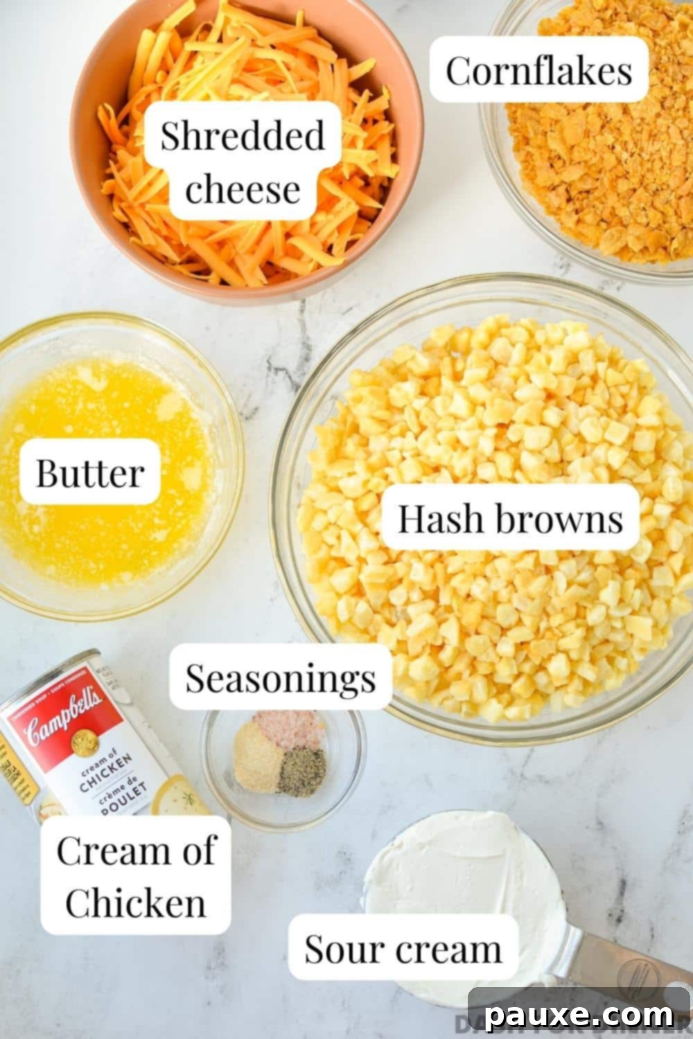 Effortless Cheesy Funeral Potatoes 3 The ingredients needed to make hash brown casserole: hash browns, cheese, butter, etc.