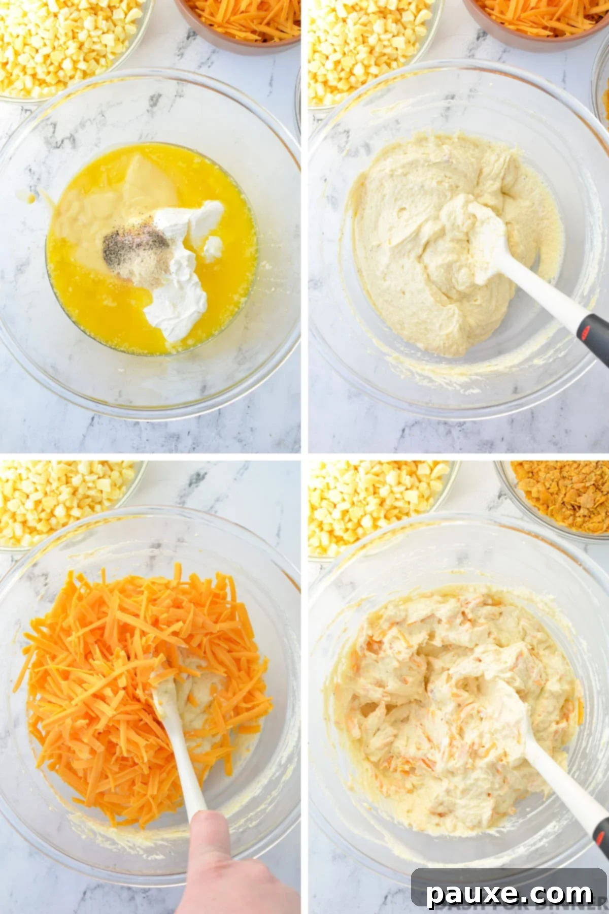 Effortless Cheesy Funeral Potatoes 4 Adding butter and soup to a bowl, then folding in cheese.