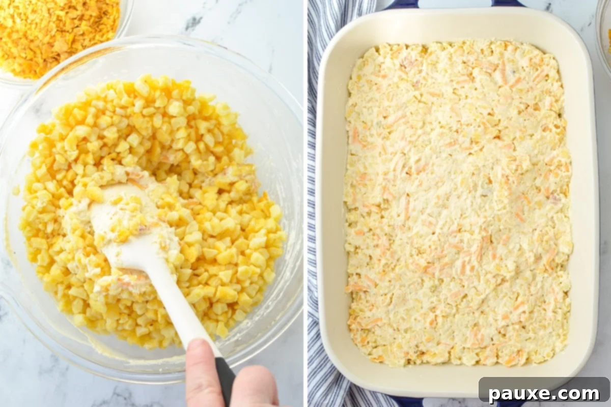 Effortless Cheesy Funeral Potatoes 5 Adding creamy hash browns into a baking dish.