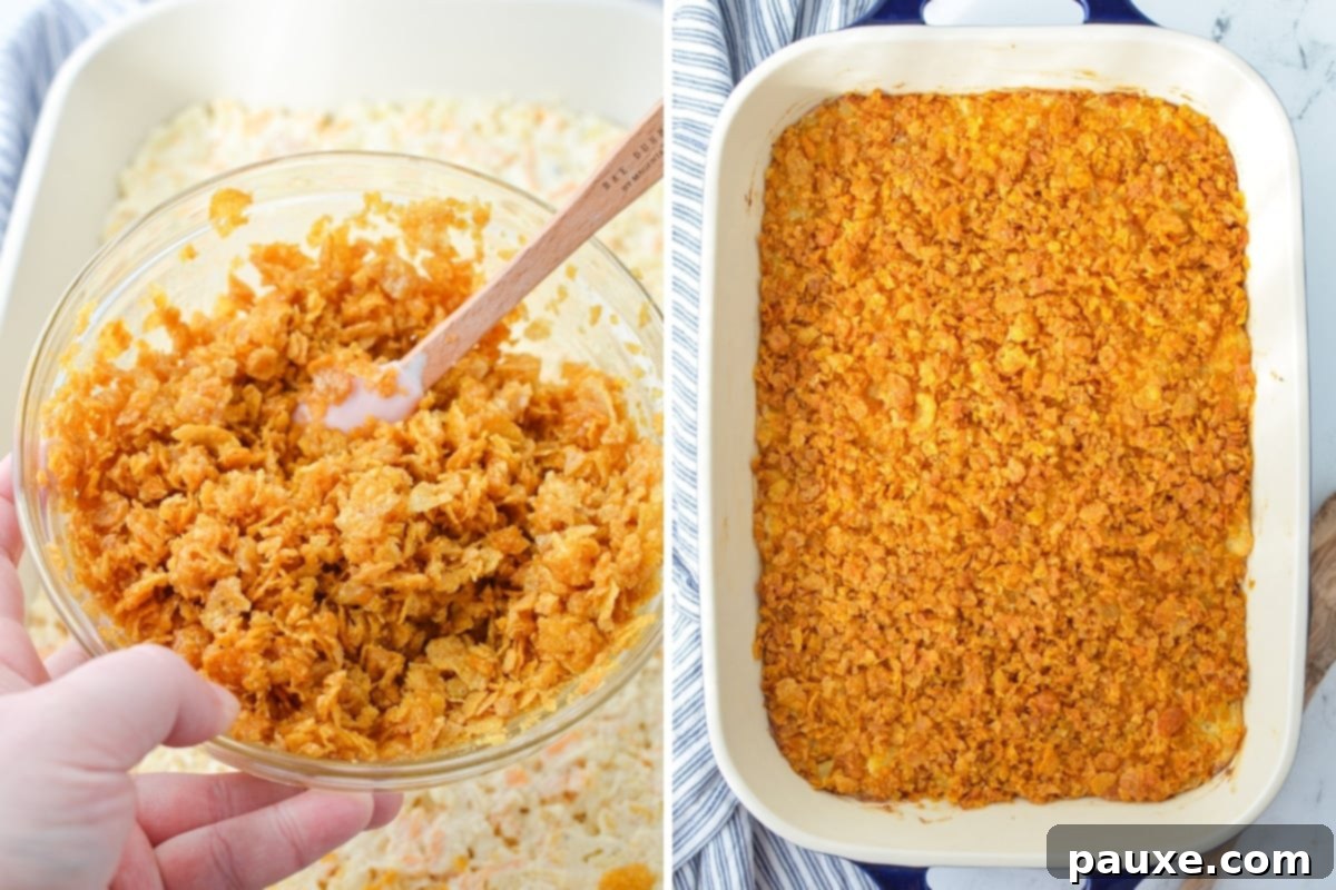 Effortless Cheesy Funeral Potatoes 6 Adding crushed cornflakes on top of a casserole.