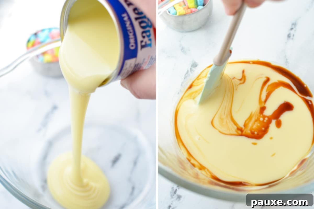 Enchanted Cereal Swirl 5 A large bowl containing sweetened condensed milk and vanilla extract being whisked together.
