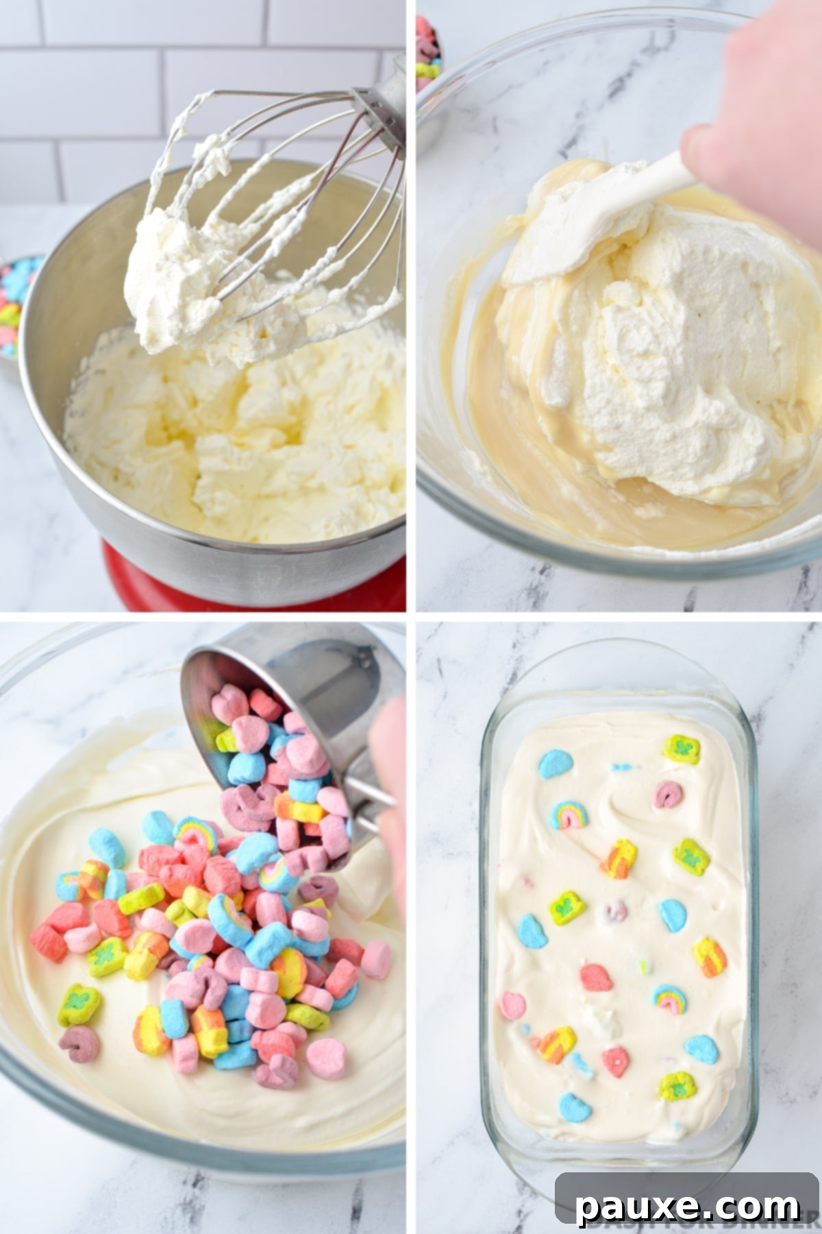 Enchanted Cereal Swirl 6 A two-part image showing heavy cream being whipped into stiff peaks and then gently folded into the ice cream base with Lucky Charms marshmallows.