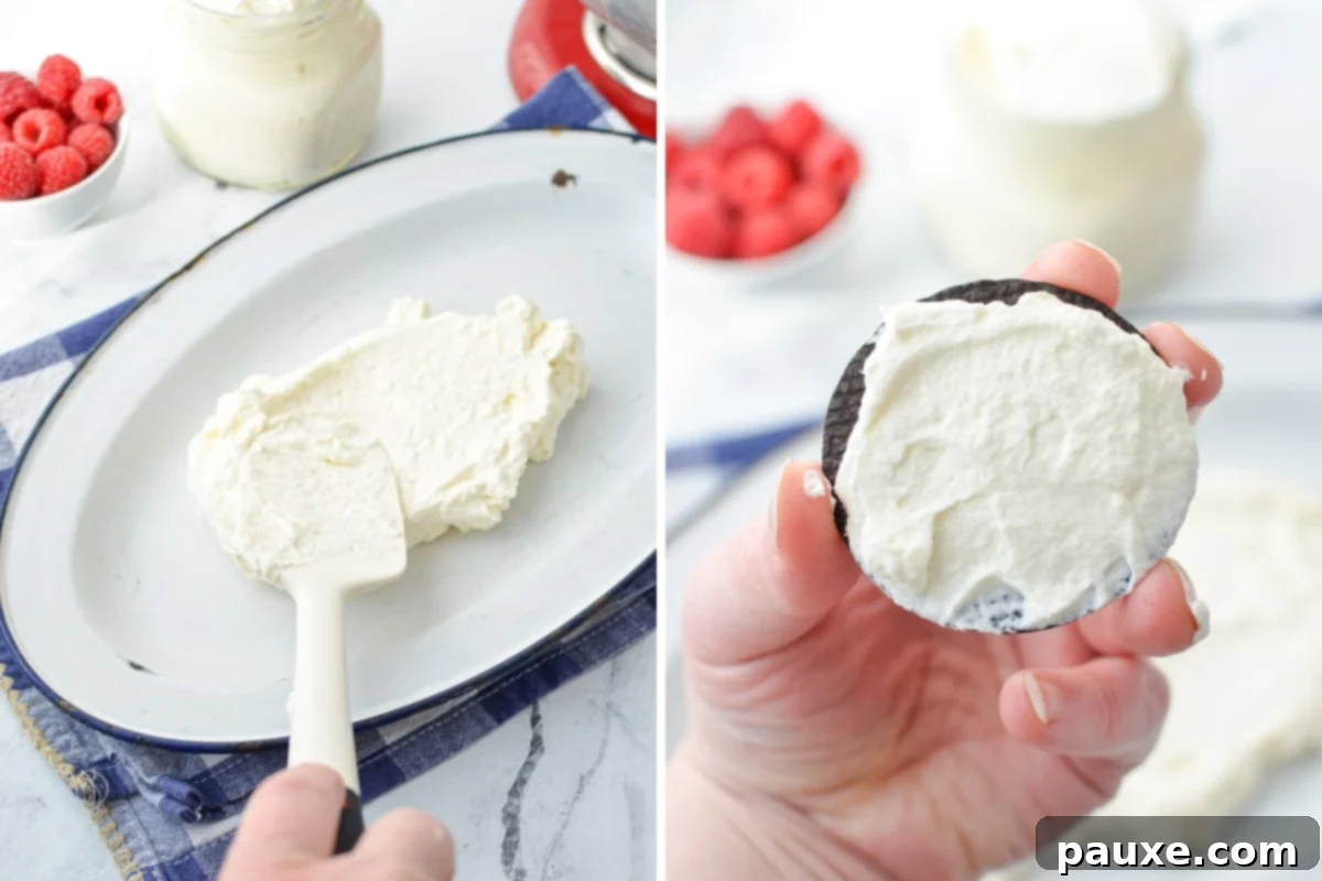 No-Bake Chocolate Wafer Zebra Delight 4 The process of spreading a generous amount of whipped cream onto a chocolate wafer cookie.