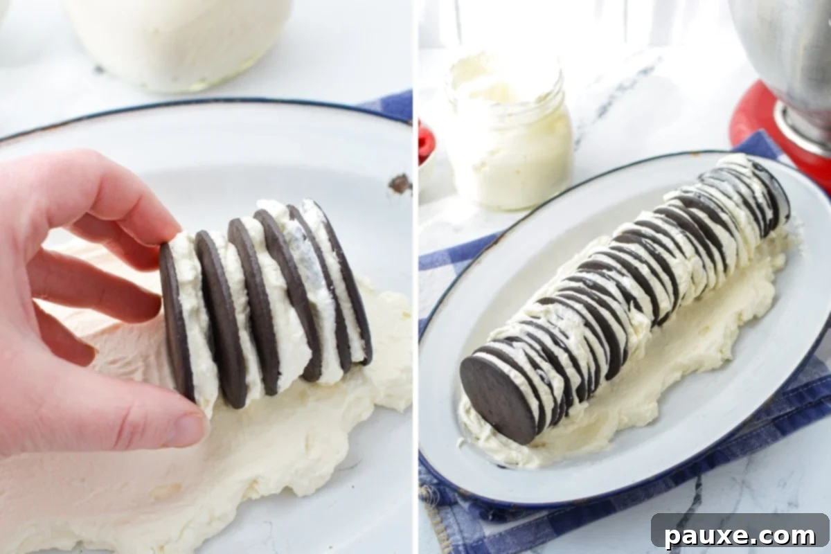 No-Bake Chocolate Wafer Zebra Delight 5 Layers of chocolate wafer cookies carefully arranged to form a distinct log shape.