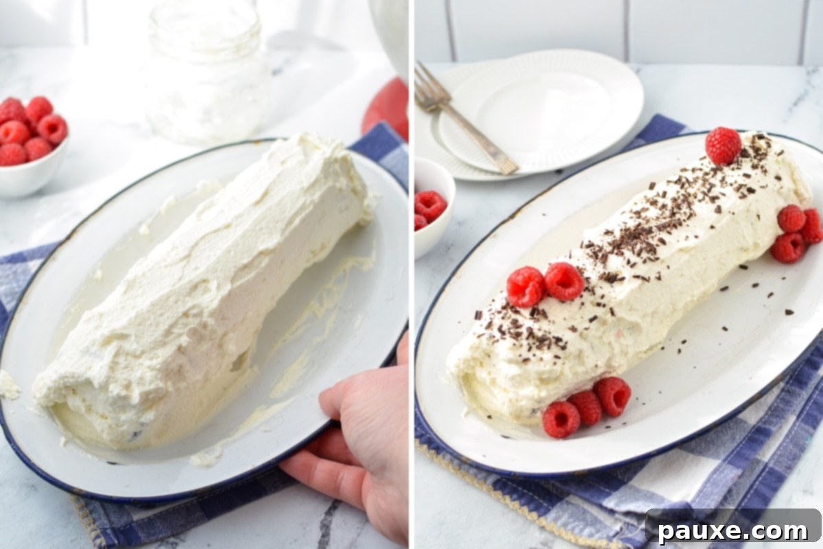 No-Bake Chocolate Wafer Zebra Delight 6 A beautifully formed log cake, generously covered in whipped cream and adorned with fresh berries and delicate chocolate shavings.