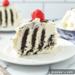 No-Bake Chocolate Wafer Zebra Delight 10 A slice of cake with distinct stripes of dark cocoa cake and light whipped cream, a true Zebra Cake.