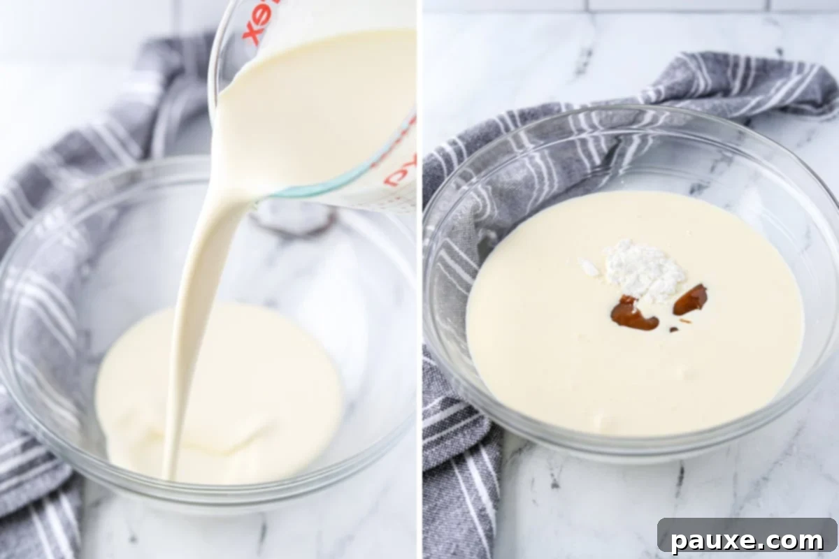 Decadent Dulce De Leche Cloud 4 A stream of chilled heavy cream being poured into a large mixing bowl, ready for whipping.